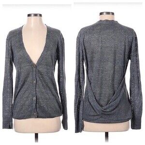 Brochu Walker Linen Cardigan Sweater Dark Gray Twist Detail Button Up V-Neck XS